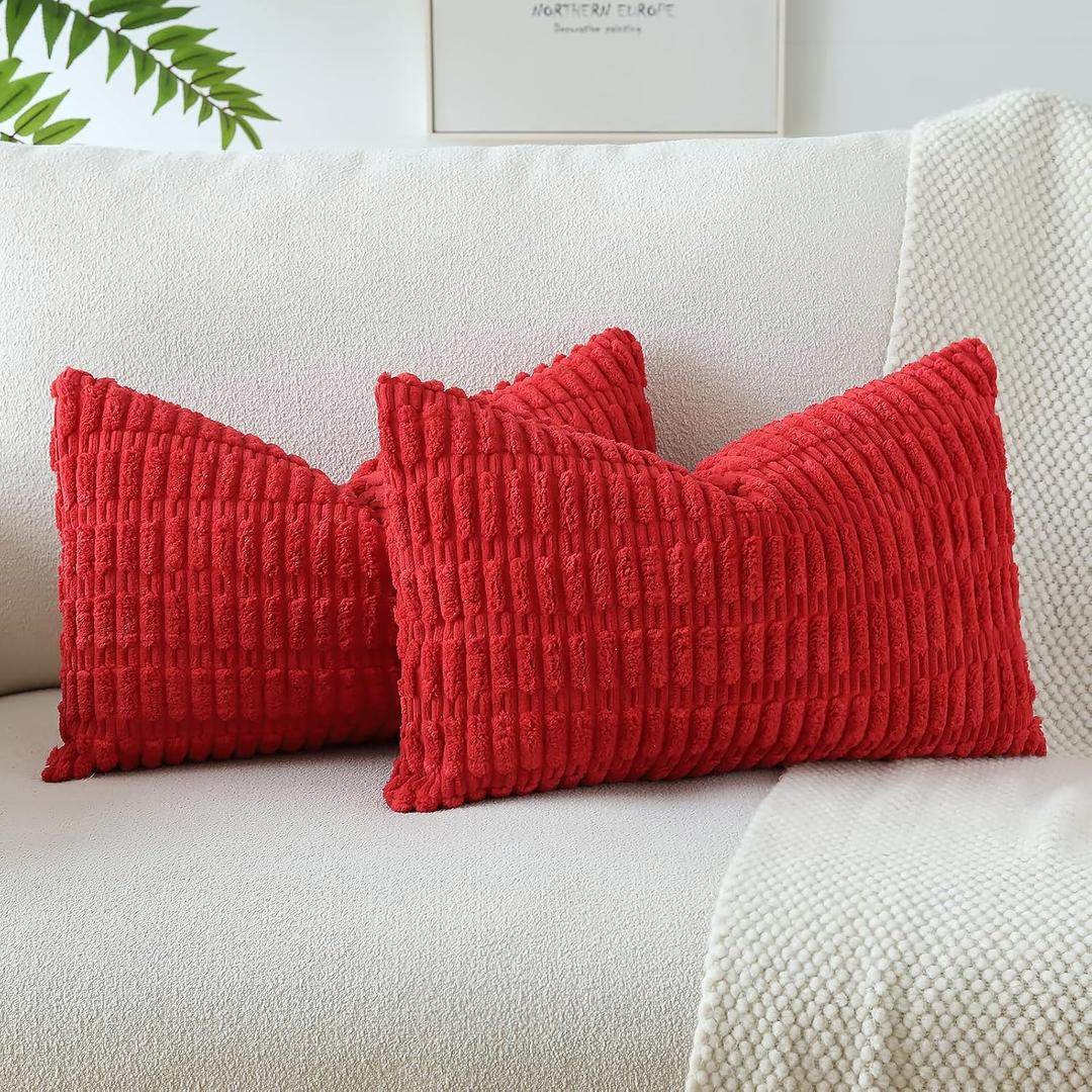 OTOSTAR Pack of 2 Soft Corduroy Decorative Throw Pillow Covers 16 x 24 Inch Boho Striped Pillow Covers Lumbar Cushion Case Couch Pillowcases for Sofa Bed Home Decor (Red)