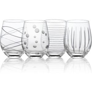 Joeyan Hand Blown Etched Stemless Wine Glasses with Dots Strips Pattern for Red Wine,Large Carved Drinking Glass Cups Tumblers for Wedding Anniversary Party Home,Set of 4,17.5 oz
