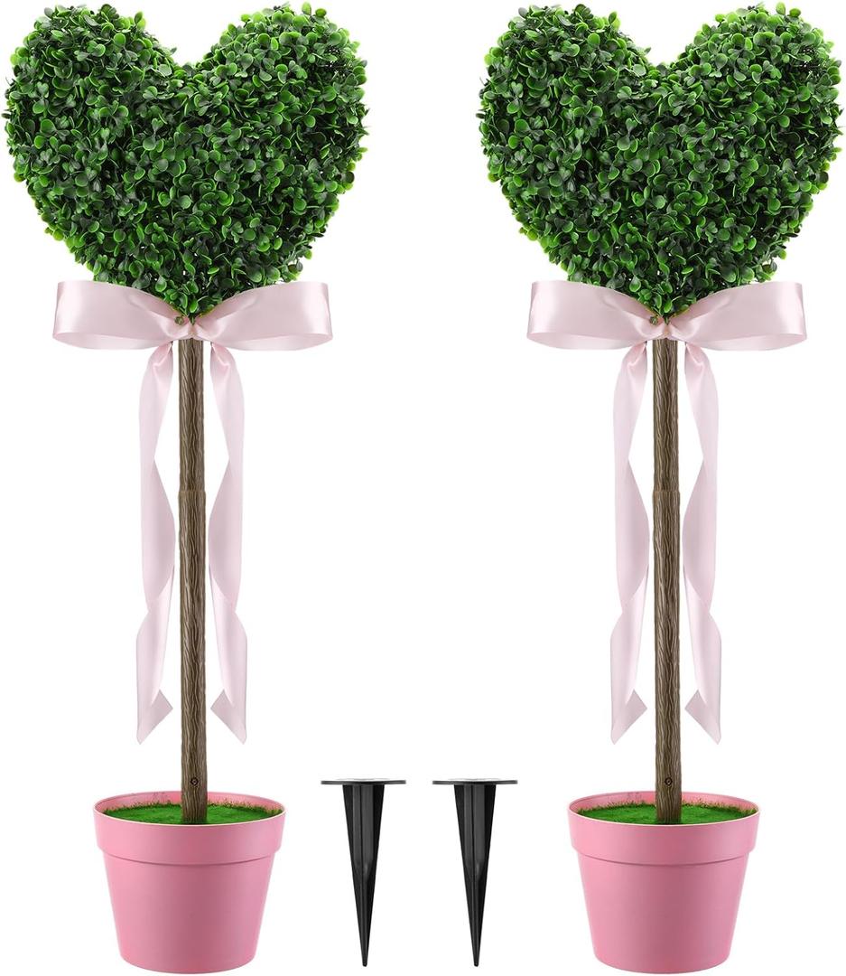 Valentine's Day Artificial Boxwood Decoration 25.6"-32.6'' Fake Heart-Shaped Topiary Tree Plant Faux Love Topiary Ball for Indoor and Outdoor Valentine's Day Holiday Garden Porch Decor (Green)