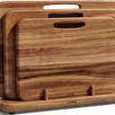 SMIRLY Wooden Cutting Boards for Kitchen, Double-Sided Cutting Board with Handle, Heavy Duty Solid Acacia Wood Cutting Board Set with Stand, 3 Pcs Cutting Boards Non Toxic for Meat Vegetable Fruit