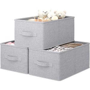 3 Pack Fabric Storage Bins for Shelves | 14.75x10.25x8.25 in Storage Baskets | Fabric Closet Organizers with Handles Home Organization | Linen Clothes Storage Bins | Light Gray (Medium, Light Gray)
