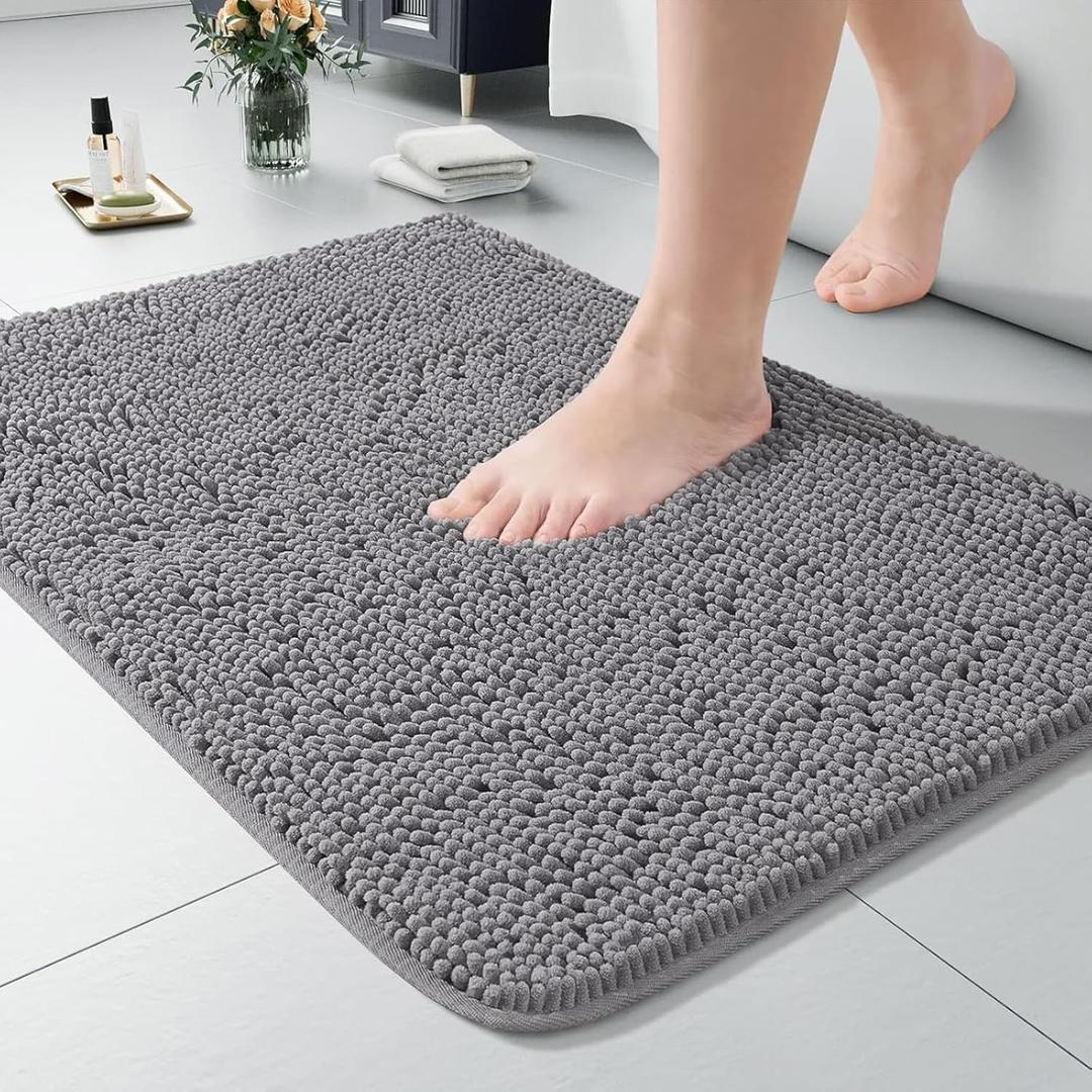  Luxury Bathroom Rug Shaggy Bath Mat 20 x 30 Inch, Washable Non Slip Bath Rugs for Bathroom Shower, Soft Plush Chenille Absorbent Carpets Mats, Gray