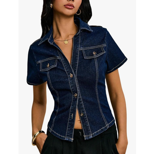 Women's Button Down Denim Blouse Short Sleeve Collared Fitted Jean Jacket Y2K Going Out Top Blue Large