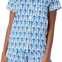 Womens Pajamas Set Trendy 2 Piece Button Down Monkey Bunny Shorts Set Y2k Roller Dupes Rabbit Preppy Loungewear Pjs Blue, Small