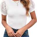 Women's Swiss Dots Sheer Mesh Sleeve Rib Bodysuit Tops Casual Round Neck Form Fitting Knit Jumpsuits Blouse Shirts White, Small