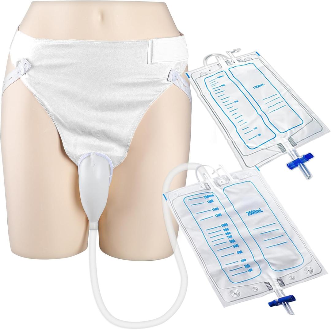 Wearable Urinal Collector with Reusable Silicone Urine Catheter Bag (2000ml & 1000ml), Portable External Catheter Urine Bag for Men White
