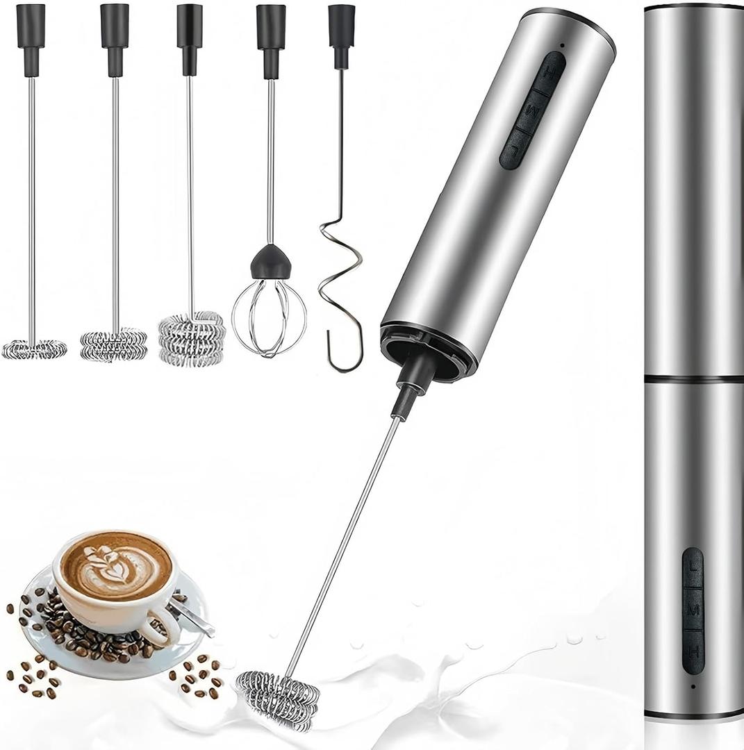 Rechargeable Milk Frother Hanheld, 5 - Function Whisk Electric Coffee Frother, Portable Handheld Frother Wand Drink Mixer for Matcha Lattes, Cappuccino, Kitchen Gift, Stainless Steel Silver