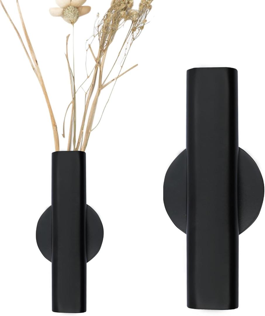7" Wall-Mounted Flower Tube, Top/Bottom Open Vase, Wall Metal Flower Tube Decoration Holder for Flower Display, Home Office Living Room Bedroom Decoration with Adhesive Material, 2pcs(Black)