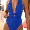 ZAFUL Women's One Piece Swimsuit Deep V Neck Ribbed Self Tie Sexy High Cut Bathing Suit Crisscross Back Swimwear M