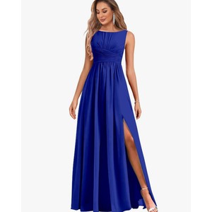 MAGGCIF Chiffon Dresses Long for Women with Slit A Line Ruched Formal Evening Gowns. Size Small