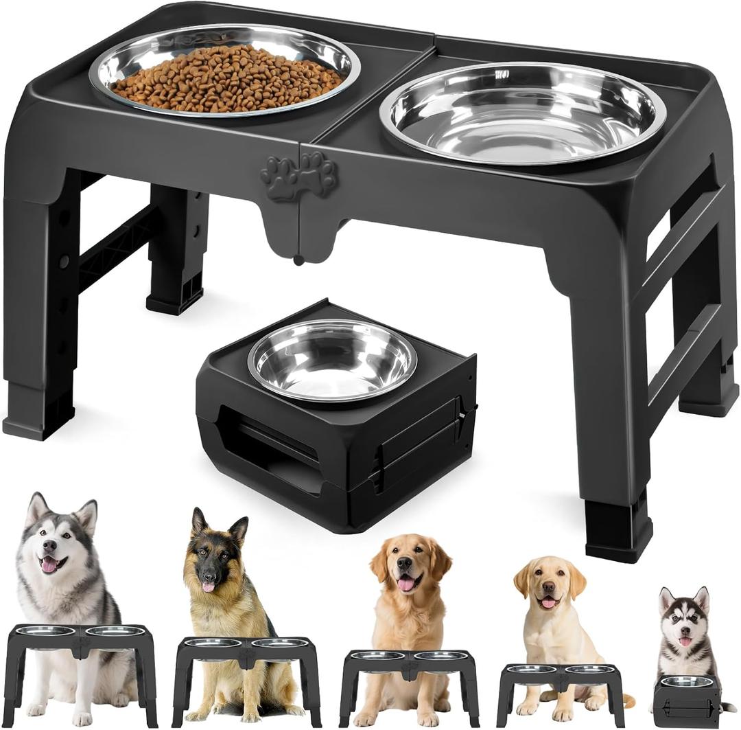 Elevated Dog Bowls for Large Dogs 5 Adjustable Heights 7.5"-15.4", 2 X-Large 10 Stainless Steel Bowls, Heavy Duty Raised Dog Bowl Stand Foldable Pet Feeder for Dogs Shoulder Height Over 15, Black