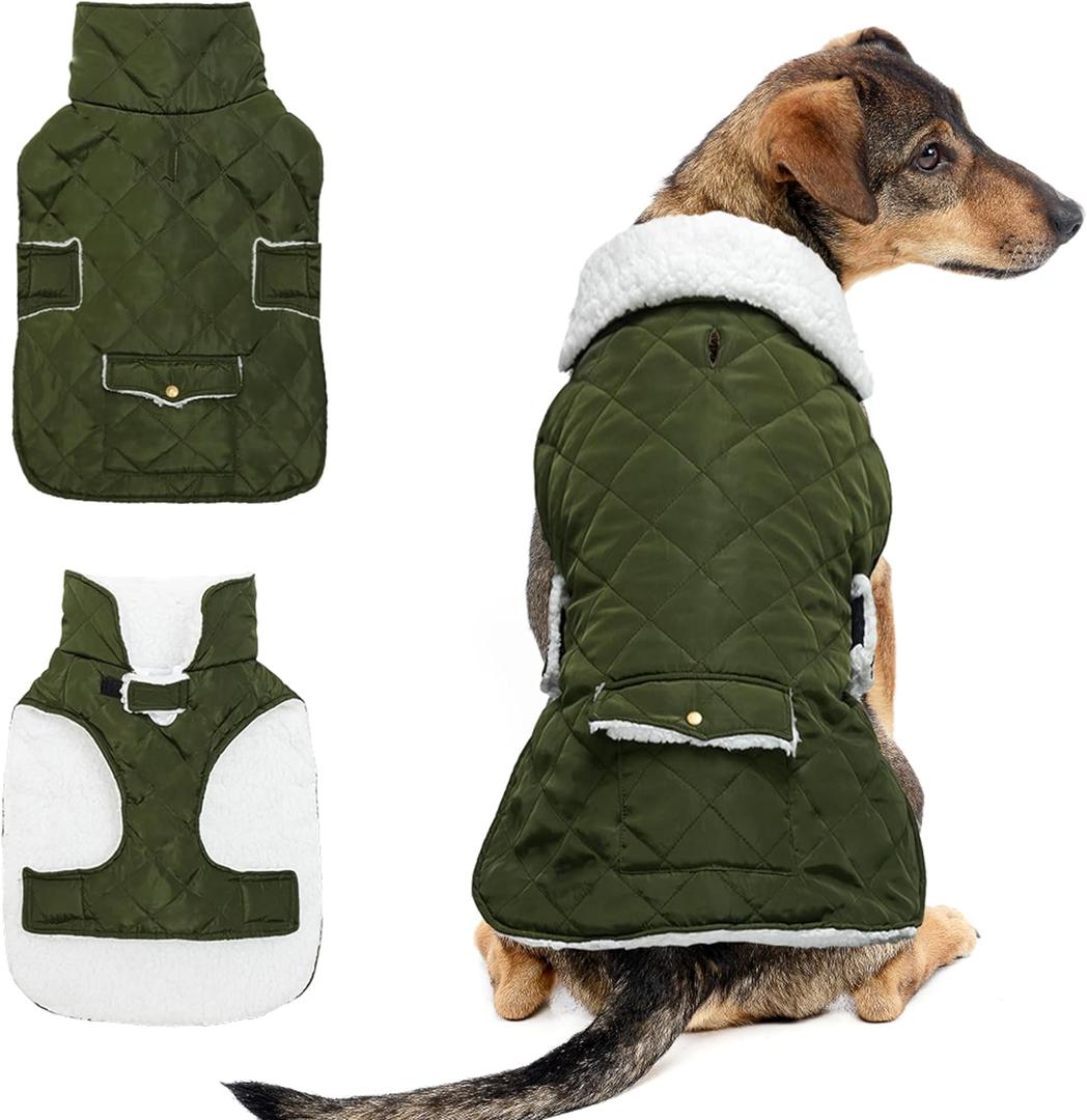 Dog Winter Coat - Windproof Fleece Warm Thick Dog Jacket Clothes for Snow Rainy Cold Weather - Green Pet Vest Coat Outfits for Small Medium Large Dogs - Indoor & Outdoor Use (S-XXL) Medium