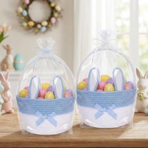 2 Set Easter Basket for Kids with Gift Bags and Ribbon Woven Bunny Egg Hunting Treasure Gift Basket with Handle and Rabbit Ears Empty Bucket Egg Hunts Party Decoration 9.1 x 7.1 x 7.1 (Blue)