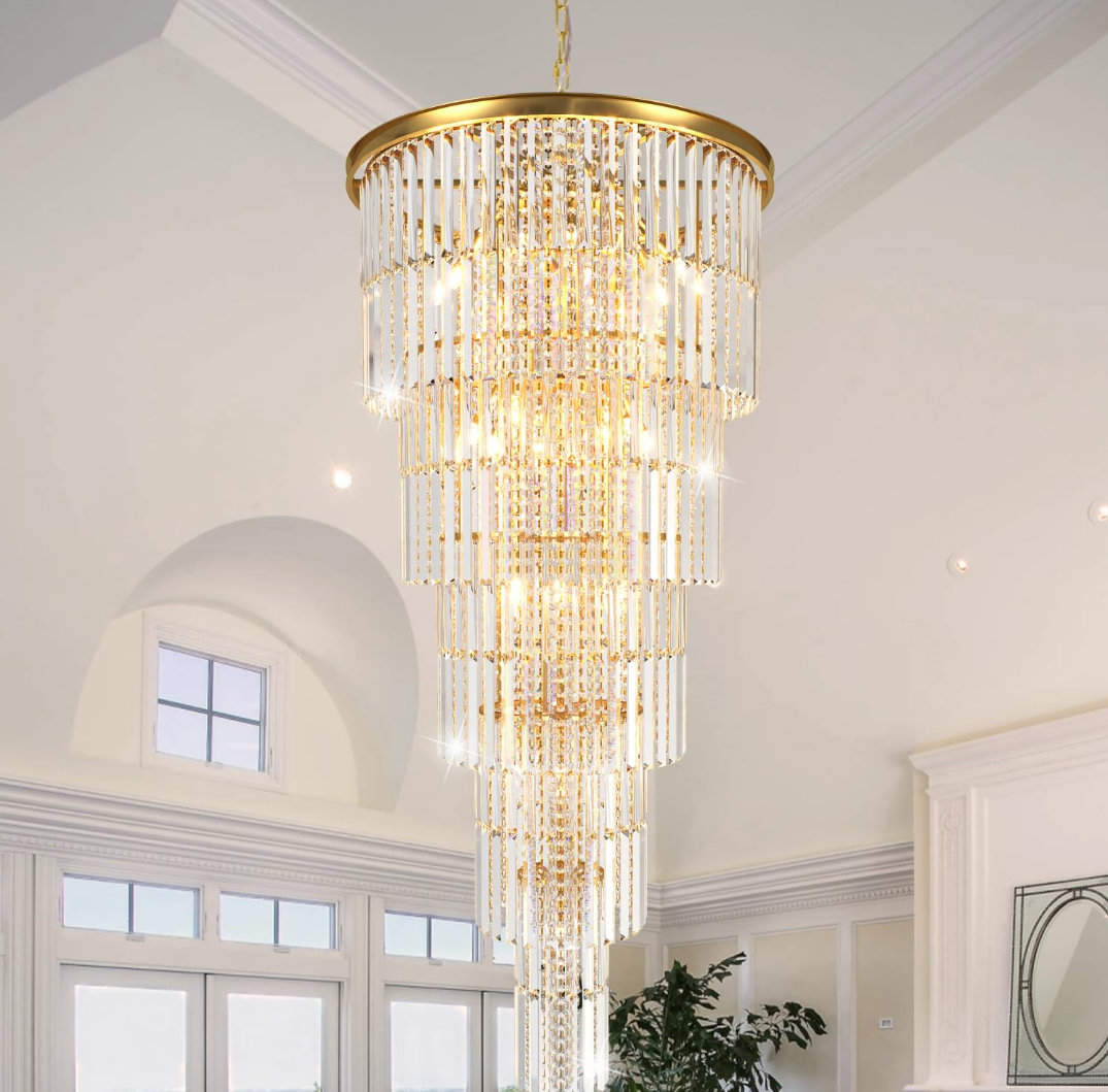 Luxury Gold Crystal Chandelier for High Ceilings, Modern Long Foyer Entryway Crystal Chandelier Pendant Light Fixture for Grand Living Room Staircase (Height 62 inch 37 Lights)