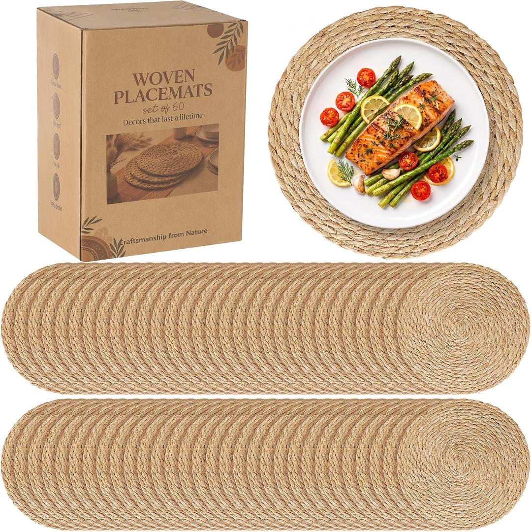 60 Pack 13.8IN Round Woven Placemats, Natural Bulrush Boho Farmhouse Mats