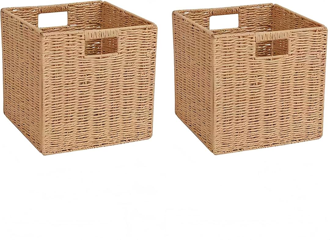 Foldable Wicker Storage Baskets,Paper Rope Square Storage Cubes,Wicker Basket for Organizing Shelves Living Room Bedroom Pantry, Set of 2 Baskets,11''x11''x11''