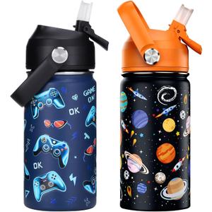 14oz Kids Insulated Water Bottle with Straw Lid - 18/8 Stainless Steel Kid Cup Travel Tumbler Double Wall Vacuum Leak Proof Portable Toddler Water Bottle (Game + Space) (14 Ounces)