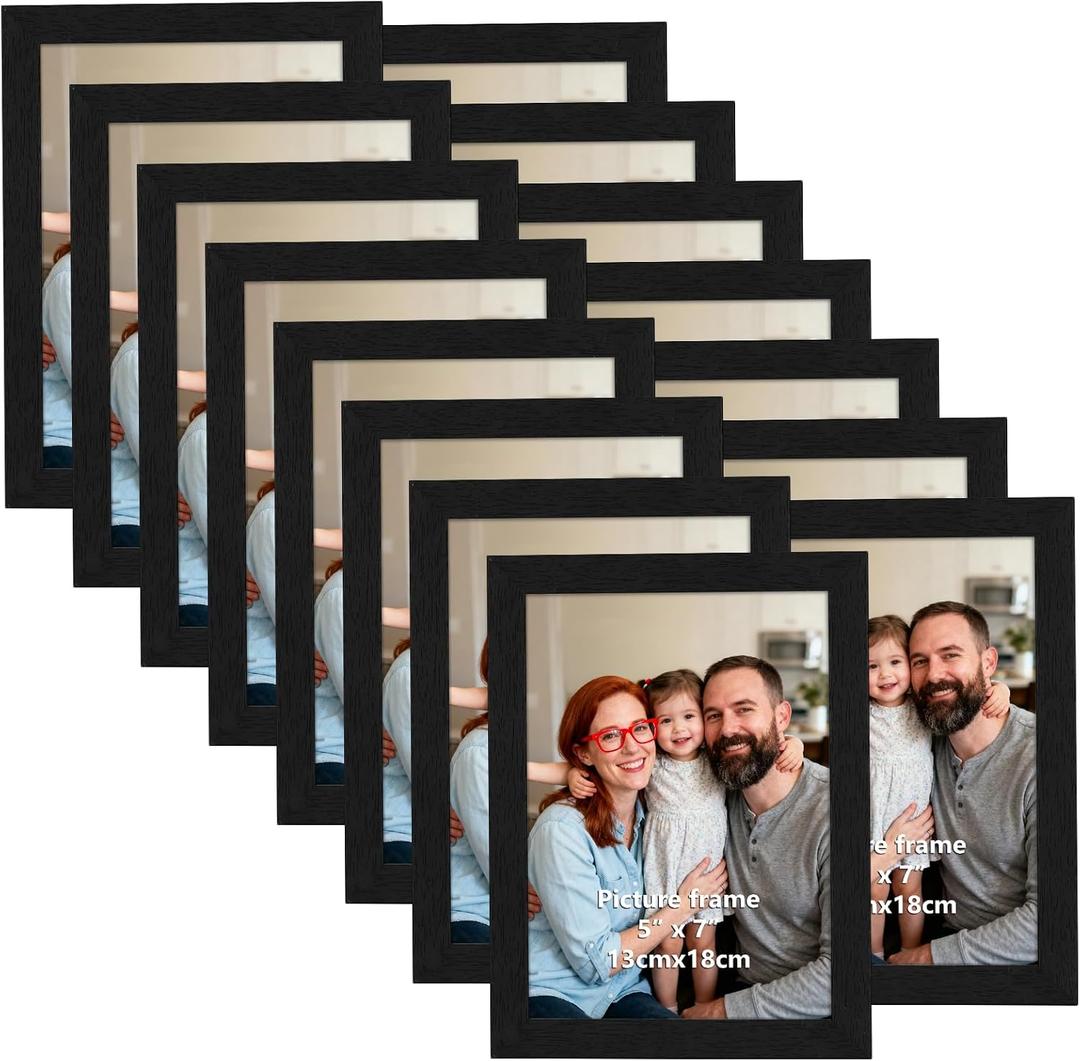 Giftgarden 5x7 Picture Frames Set of 15, Black Wooden Photo Frame for Wall or Tabletop Display, Engineered Wood with Shatter-Resistant Plexiglass