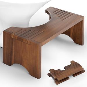 Foldable Toilet Stool, Acacia Wood Poop Stool for Potty Training, 7 Inch Wooden Bathroom Aid for Comfortable Posture (Walnut, Foldable)