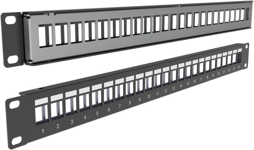 JINGCHENGMEI 2 PCS of 24-Port Blank Keystone Shielded 1U Patch Panel 19" Metal Rackmount Housing for Keystone Jacks, Black