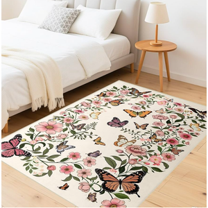 FSUVSJBGT Area Rug for Living Room 5'x7' - Floral Butterfly Print 5x7 Area Rugs for Living Room Soft Beige Washable Rugs Ultra-Thin Indoor Door Mat (5'x7',Beige)