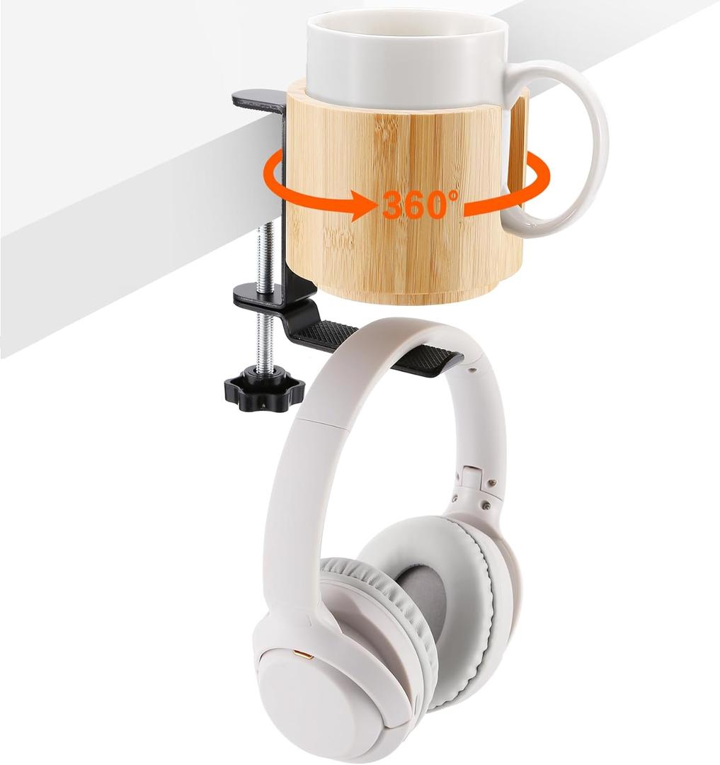 Nnewvante Desk Cup Holder, 2 in 1 360 Rotating Headphone Hanger Under Desk, 360 Anti-Spill Cup Holder, Table Cup Holder for Water Bottles, Gaming Desk Accessories - Bamboo