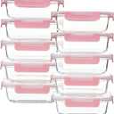 Glass Food Storage Containers 10 Pack - 22Oz Meal Prep Container Set with Lid, Airtight Snap Lock, Microwave Freezer Oven Dishwasher Safe, Lunch Box for Work, Pink