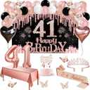 41 Birthday Decorations for Women, 49pcs Black Rose Gold Black Happy 41st Birthday Banner, Tablecloth, Butterfly Decor, Sash and Tiara, Cake Topper, Candles, Balloons Arch