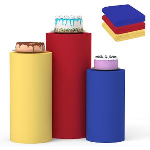 Cylinder Covers Set of 3, Cylinder Stand Covers for Parties,Round Pedestal Stand Covers for Cylinder Stands for Wedding Party Birthday Display(Cylinder Stands Not Included) (Blue Yellow Red, L+XL+XXL)