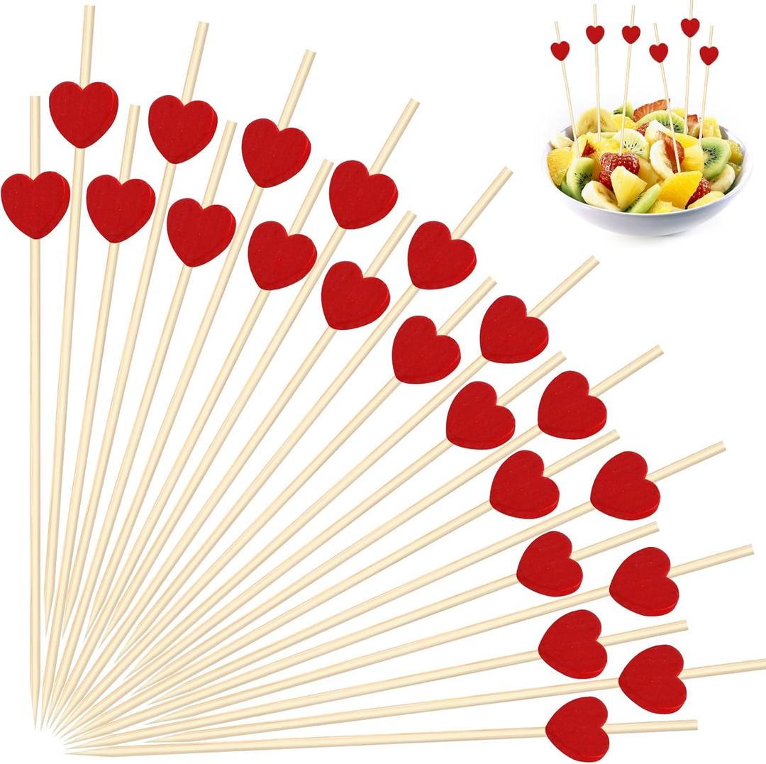 120 PCS Red Love Heart Shaped Cocktail Picks, 4.7Inch Bamboo Fancy Toothpicks for Appetizers, Cocktail Skewers Sticks Selected for Weddings, Valentines Day, Desserts, Charcuterie, Food, Drinks