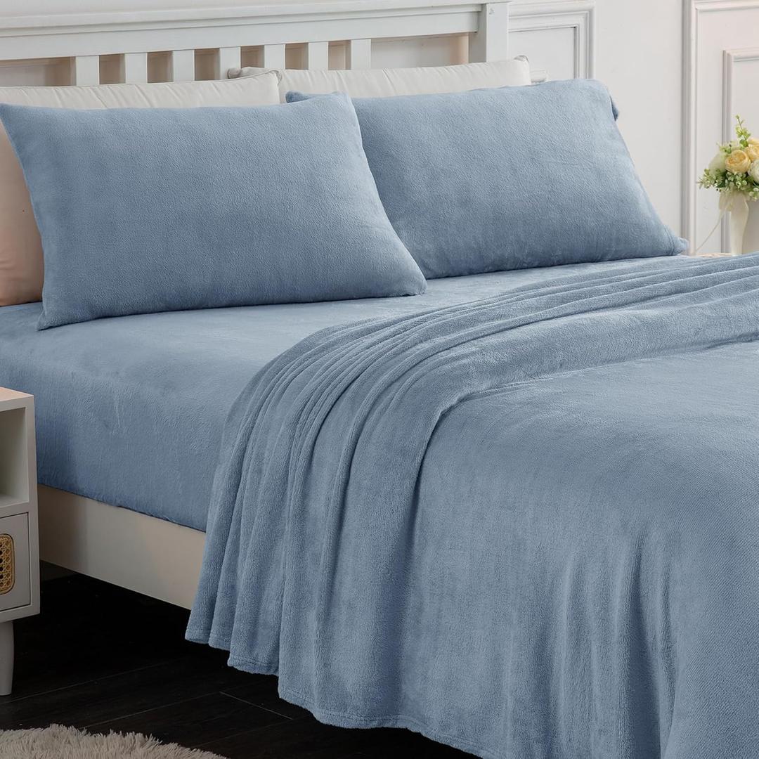 Softan Fleece Sheets Queen Size, Flannel Like Soft, Baby Blue | Winter Microfleece Sheets, Polar fleece, Velvet Fuzzy, Warm Soft, Plush Bedding, 15" Deep Pocket