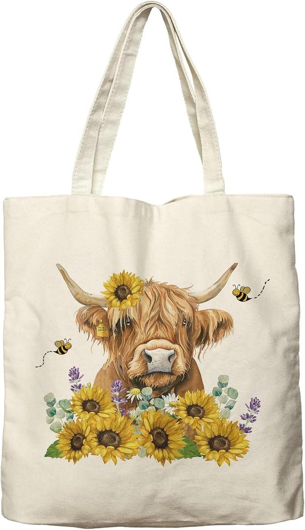 Dlzdn Sunflower Highland Cow Canvas Tote Bag For Women Aesthetic Tote Bag Shopping Grocery Bag Beach Bag Gifts for Women Teacher Bag Reusable Grocery Bag