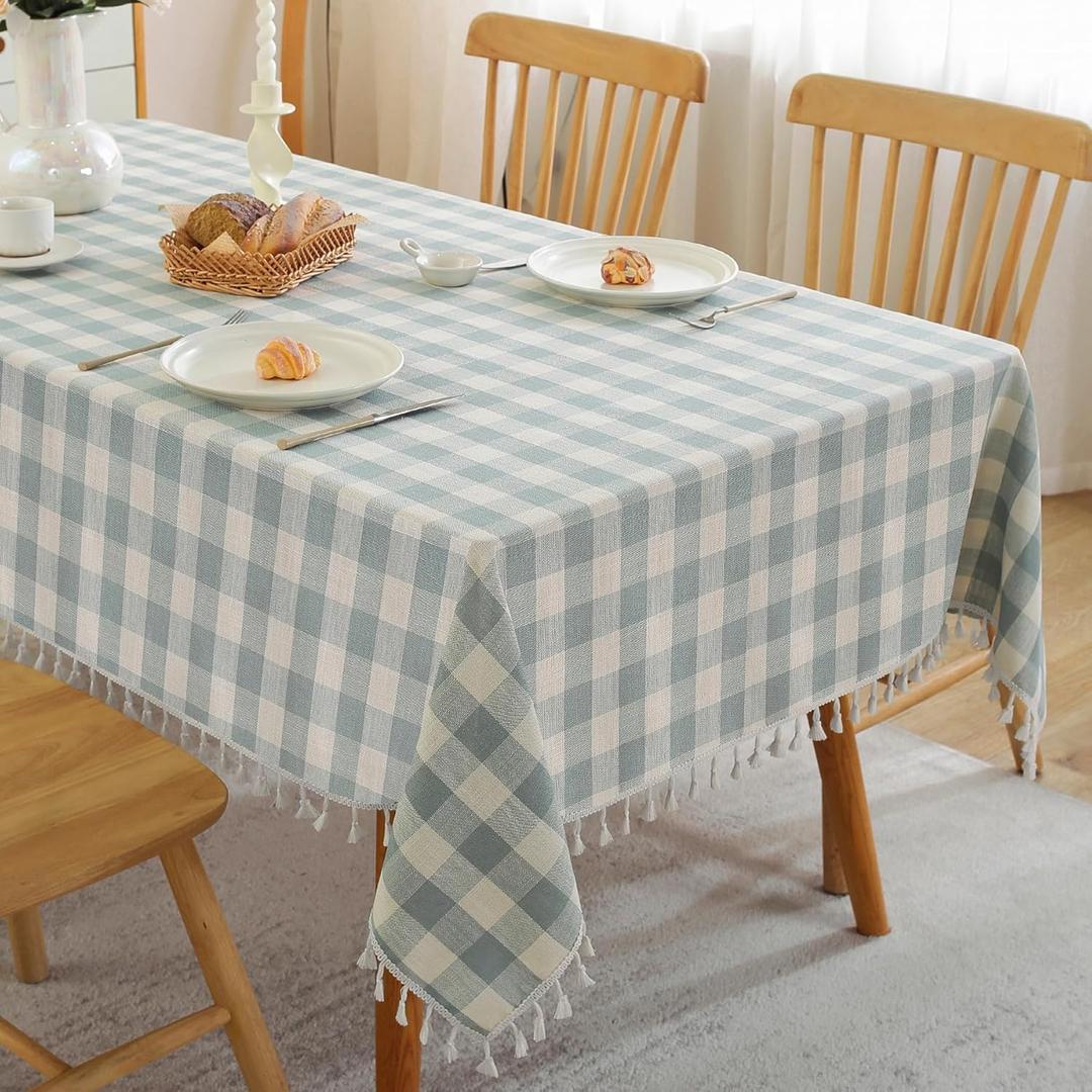 JIALE Gingham Tablecloth Rectangle Cotton Linen Fabric Checkered Table Cloth with Tassel Washable Wrinkle Free Buffalo Plaid Table Cover for Easter Party Outdoor Picnic Kitchen Dining, Blue, 90x55