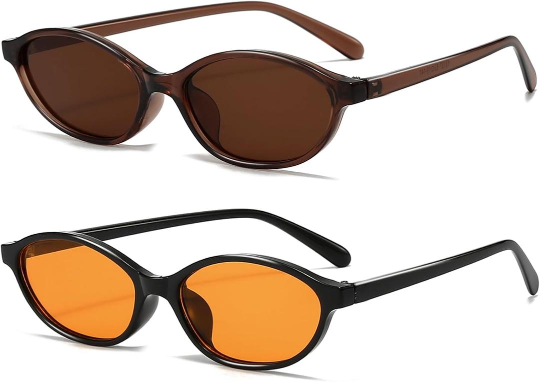 Retro Oval Sunglasses for Women Small Oval 90s Sunnies Trendy Narrow Cat Eye Vintage Shades 2 Pack
