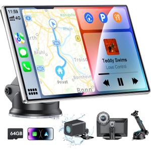 9" Portable CarPlay Screen for Car, CooCom UHD Car Stereo with Touch Screen with Apple CarPlay&Android Auto,4K Dash Cam,1080P Backup Camera,Mirror Link, Voice Control, Bluetooth 5.3,GPS,FM