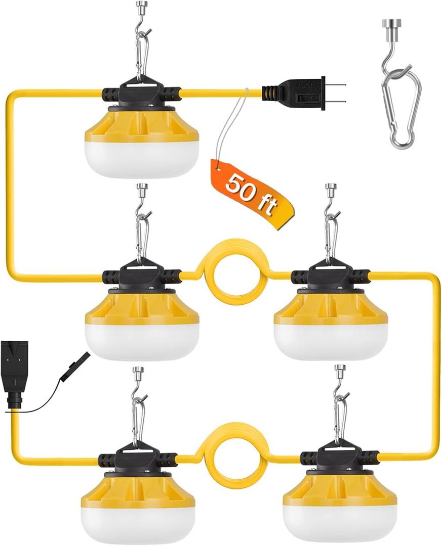 50FT LED Construction String Lights, 5 Bulbs Waterproof Linkable Industrial String Work Lights & Hooks, 5000K Daylight Temporary Lighting for Jobsite Attic Cralspace