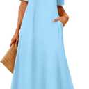 MEROKEETY Summer Spring Maxi Dresses for Women 2026 Casual Vacation Crew Neck Short Sleeve Long T Shirt Dress with Pockets (Large, Skyblue)