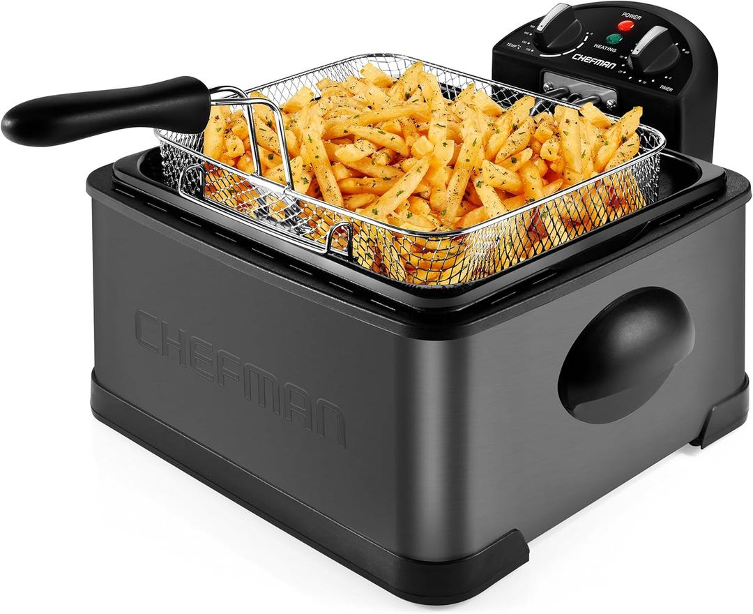 Chefman Deep Fryer with Basket Strainer, 4.5 Liter XL Jumbo Size Adjustable Temperature & Timer, Perfect Chicken, Shrimp, French Fries, Chips & More, Removable Oil Container, Black (Black Stainless Steel)