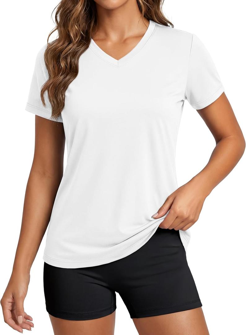 MAGCOMSEN Women's Workout Tops Short Sleeve UPF 50+ Athletic Shirts Quick Dry V-Neck T-Shirt Moisture Wicking Gym Tee (White, S)