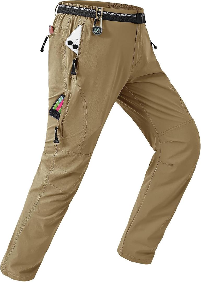 TBMPOY Men's Lightweight Hiking Pants with Belt 5 Zip Pockets Waterproof Quick-Dry Travel Fishing Work Outdoor Pants, L, Khaki