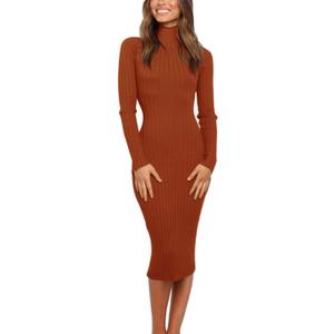 MEROKEETY Women's 2024 Ribbed Long Sleeve Sweater Dress High Neck Slim Fit Knitted Midi Dress (Large, Caramel)