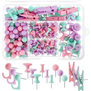 200 Pieces Push Pins Set, 5 Types Colorful Thumb Tacks Cute Decorative Push Pins for Wall Cork Board Bulletin Boards with Storage Box