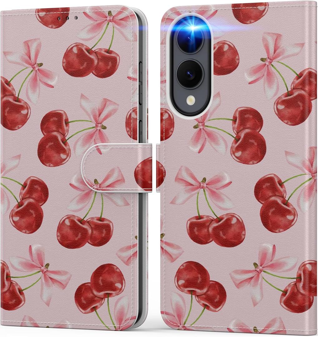 DEENAKIN for Samsung Galaxy S25 Edge Wallet Case with Card Holder + Cash Clip, RFID-Blocking, Military-Grade Drop Protection & UV-Printed Artwork, Magnetic Closure with Kickstand - Sweet Cherry Bow