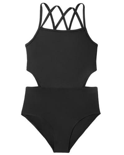 Century Star Girls' One Piece Swimsuits 2025 for Teens Bathing Suits Cut Out Swimwear Sport Cute Tween Kids 10-15 Years UPF 50+ Black 14-15 Years, S
