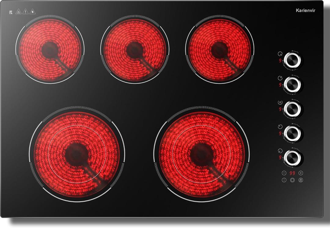 30 Inch Electric Cooktop 5 Burner Karienvir, 8600W Built-in Electric Stove Top, Cooktop 30" with Double-ring Burner, Knob & Touch Control, 9 Power Levels, Timer, Safety Lock, 220V-240V Hard Wire, 30 Inch 5 Bunrer Silver Knob