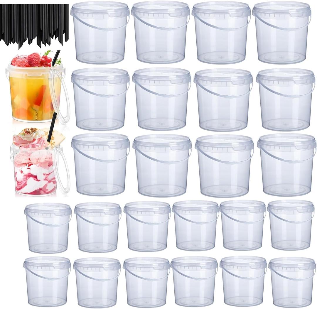 ToppYuanZea 24 Pack Ice Cream Bucket with Lids and Handles, 25OZ/ 33OZ Clear Plastic Rum Bucket Cocktail Drinks Containers, Plastic Food Storage Pail Tub for Summer Cold Drink Beach Parties