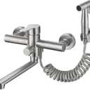 Wall Mount Kitchen Sink Faucet with Side Sprayer, Commercial Faucet, Nickel Brushed Unility Sink Faucet, Mixer Tap, 7.7-8.3 Inches Center, Lead-Free, Spout Reach 9.2"