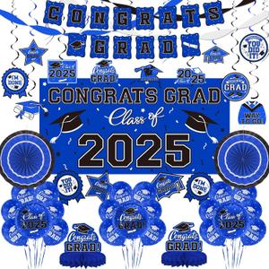 Graduation Decorations 2025 Set - Congrats Grad Banner, Class of 2025 Backdrop, Balloons & Streamers Kit - Complete Party Supplies for High School & College Celebrations (Blue)