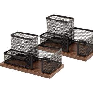 Antique Wood & Mesh Pen Holder Office Supplies Caddy, Storage Baskets for Desktop Accessorieswith Sticky Notes Holder,3 Compartments(2 Pack Black)