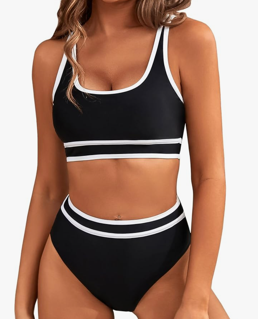 BMJL Women's High Waisted Bikini Sets Sporty Two Piece Swimsuits Color Block Cheeky High Cut Bathing Suits L